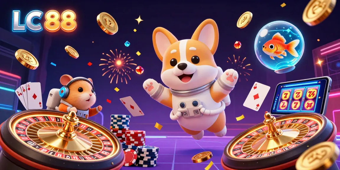 LC 88 casino scene featuring a floating corgi astronaut, hamster control, and vibrant gaming elements.