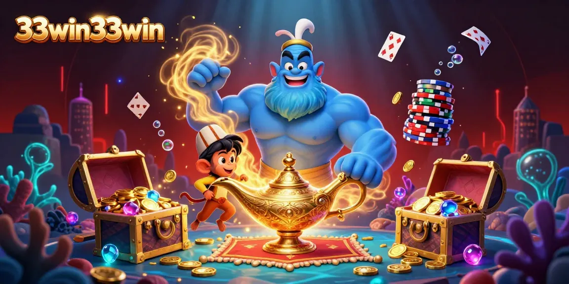 Engage in thrilling gameplay at 33win33win with a genie and poker chips in an enchanting 3D scene.