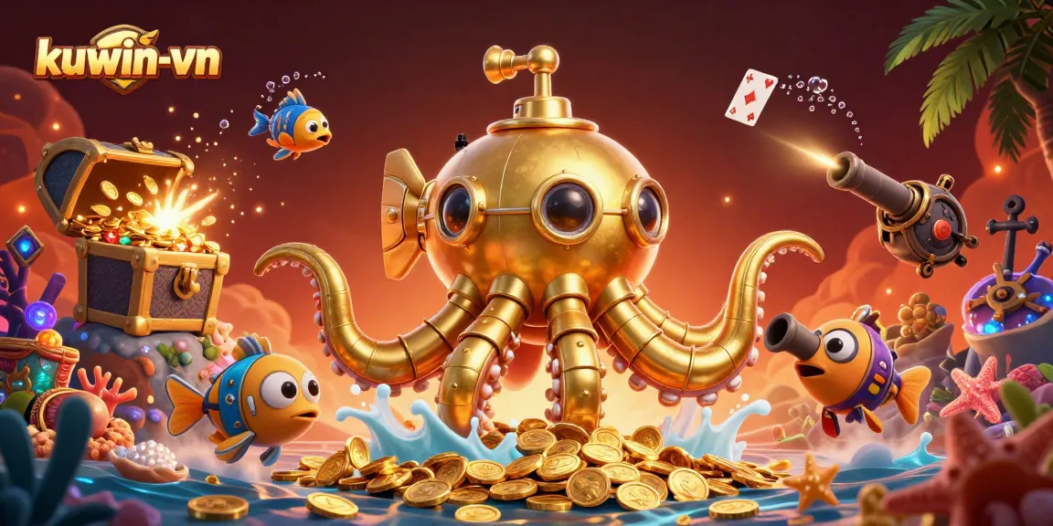 Engage in thrilling gaming adventures with kuwin-vn's stunning underwater casino scene, filled with treasures.