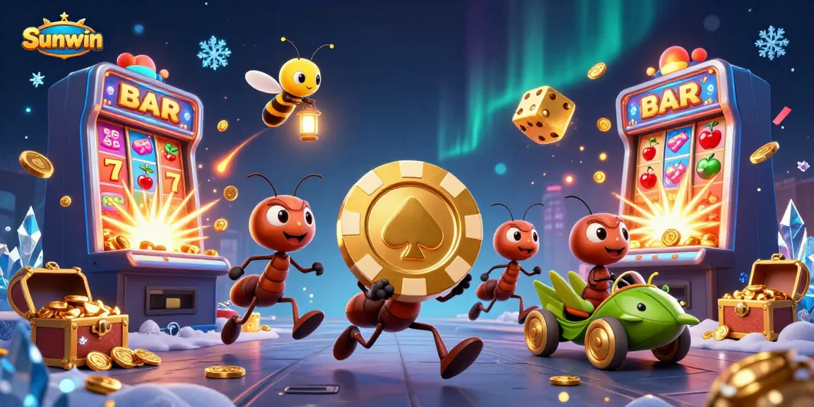 Engage in thrilling gameplay at Sunwin with dynamic 3D scenes of cartoon ants carrying poker chips and jackpots.