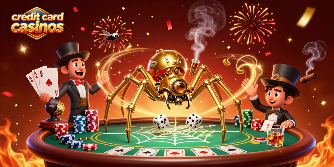 Experience vibrant credit card casinos with a dynamic 3D illustration of a steampunk spider and poker elements.