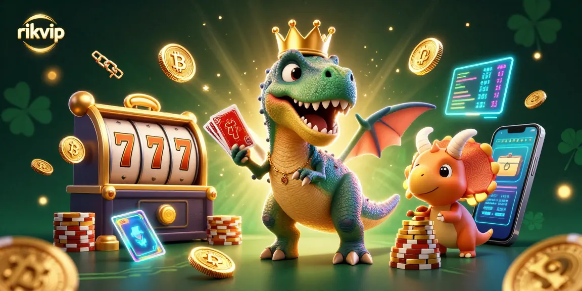 Join the exciting adventure of rikvip as a T-Rex shuffles cards and a pterodactyl assists in a vibrant casino setting.