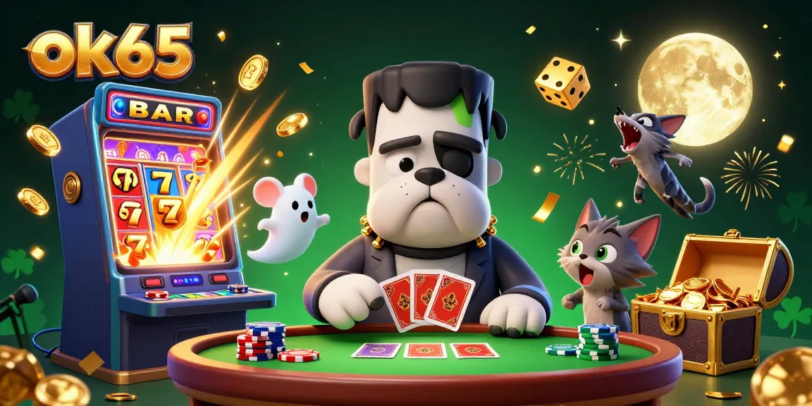 Engage with the ok65 casino experience featuring a Frankenstein bulldog, ghost mouse, and werewolf kitten.