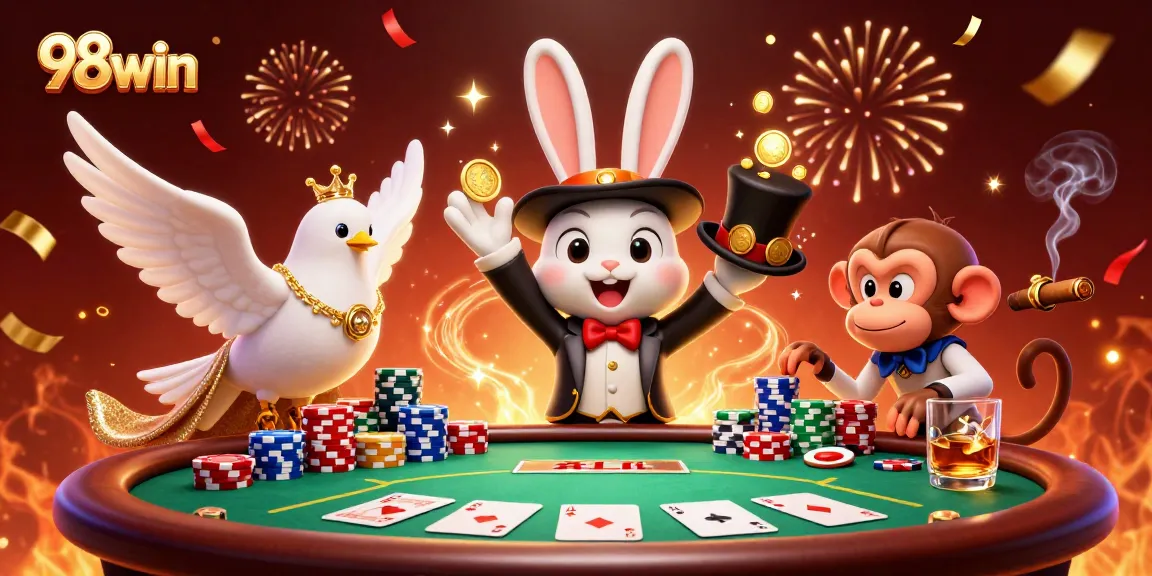 Experience magic and excitement at 98win with this vibrant casino-themed illustration.