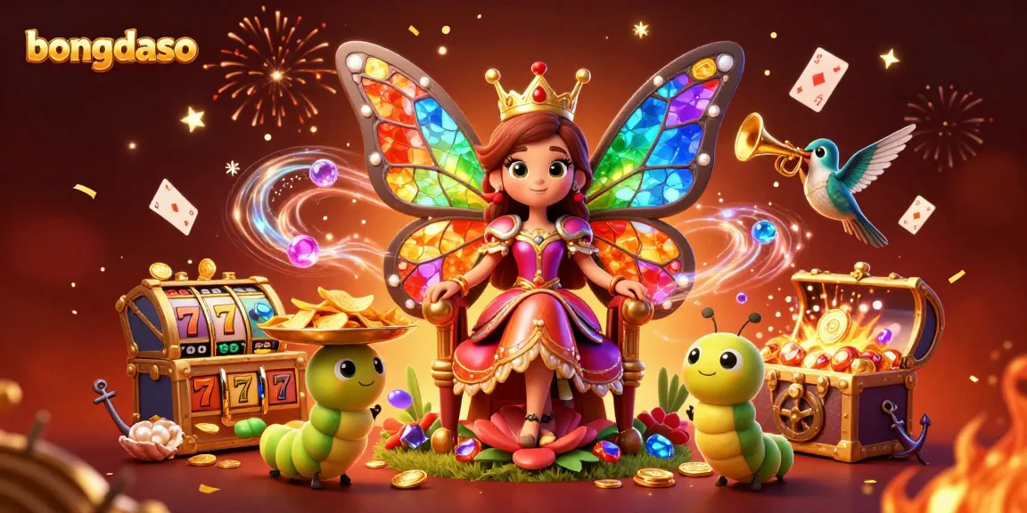 Experience the thrill of bongdaso with a vibrant casino scene featuring a charming butterfly queen and gaming elements.
