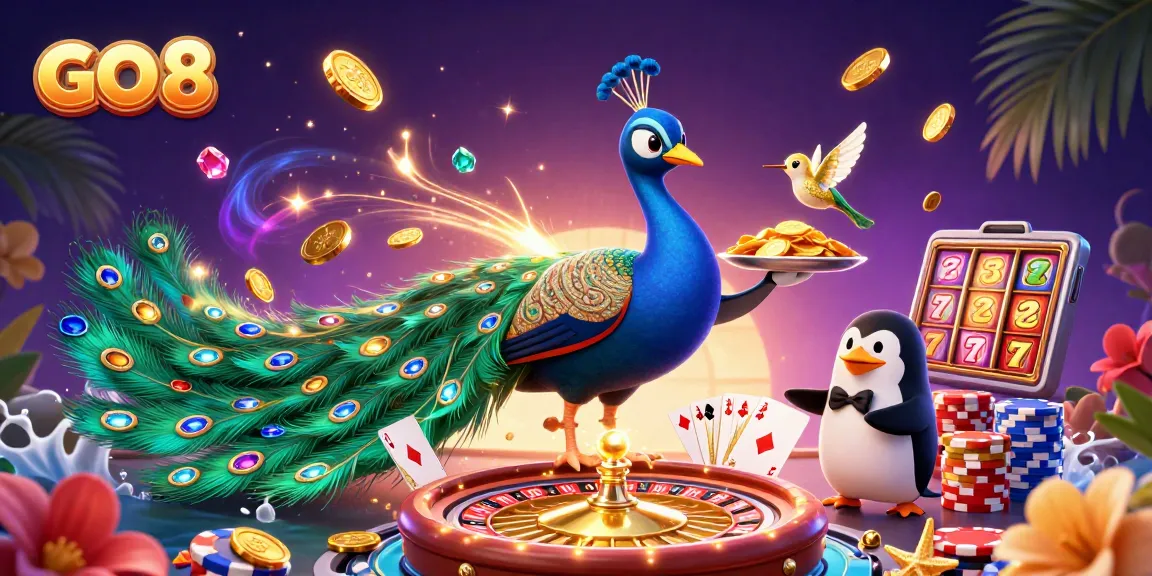 Experience the thrill of GO 8 with sparkling gems and casino elements in this vibrant 3D illustration