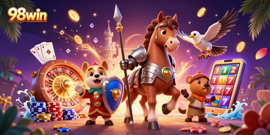 Experience thrilling gameplay at 98win with vibrant casino characters and sparkling game elements.