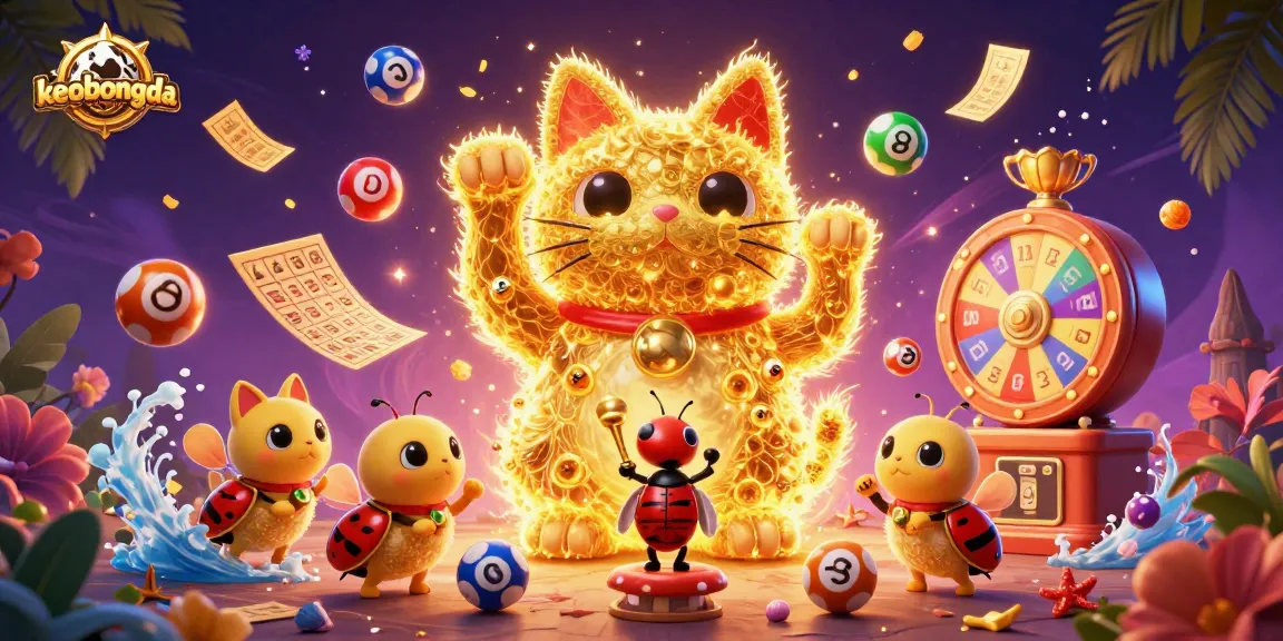 Engage with keobongda's dynamic sports betting scene featuring a giant lucky cat and colorful elements