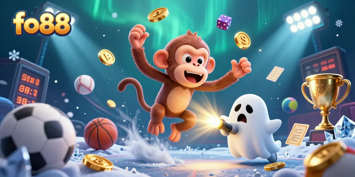 Experience the thrill of fo88 with a playful poltergeist monkey juggling gold, surrounded by dynamic casino elements.