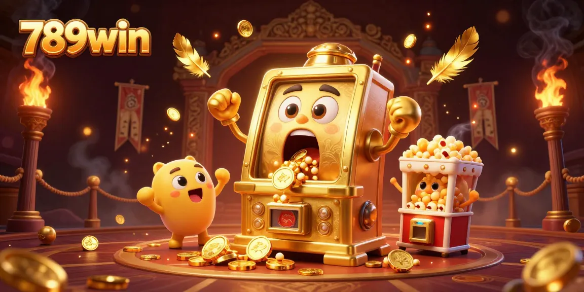 Experience the excitement of 789win with a golden slot machine celebrating a jackpot amidst a vibrant casino scene.