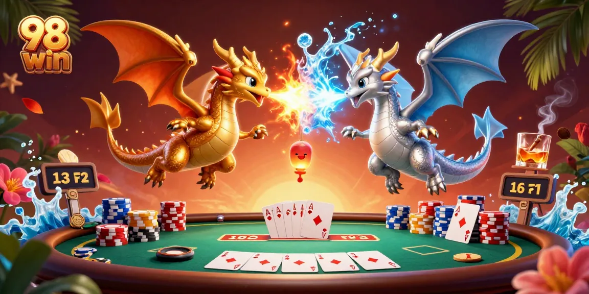 Experience the thrill of the 98 win games with dragons and poker action in a vibrant casino scene.