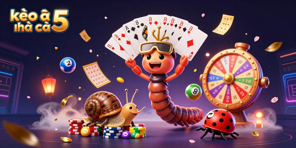 Experience kèo nhà cái 5 with a dynamic scene of a cartoon millipede dealer and vibrant game elements.
