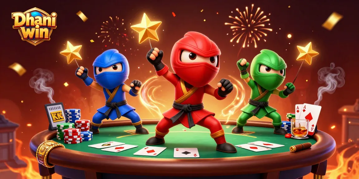 Dhani win showcases ninja chameleons celebrating a poker victory with vibrant colors and dynamic gaming elements.