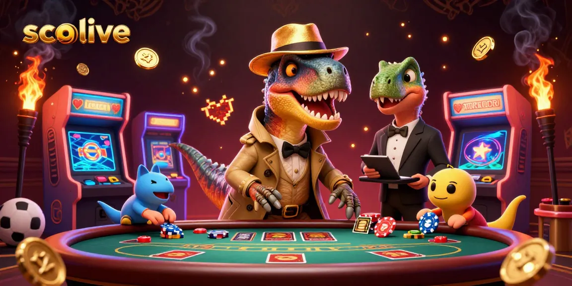 Socolive captivates with a dynamic casino scene featuring card counter velociraptor amidst vibrant gaming elements.