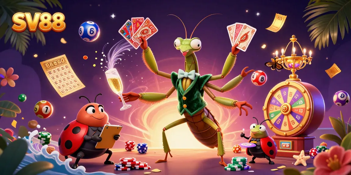 SV88's giant praying mantis card sharp expertly manages a lively casino scene full of dynamic elements.