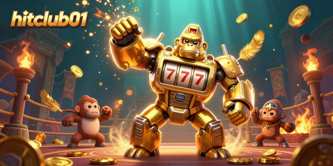 Engage with hitclub01's vibrant 3D illustration featuring a golden gorilla mech amidst a dynamic casino scene.