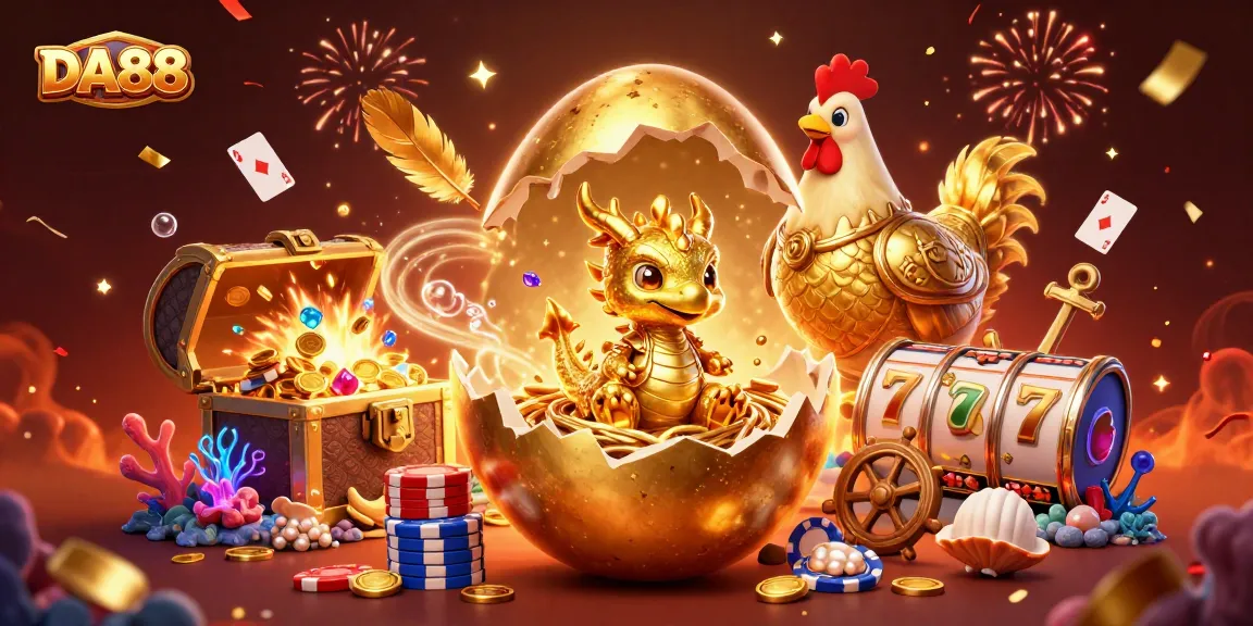 DA88 unveils a golden dragon amidst poker chips and slot elements, enhancing your gaming experience.
