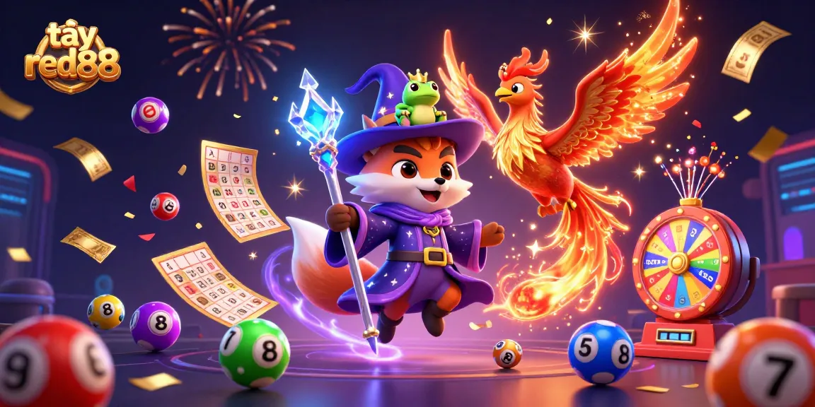 Experience thrilling games at tại red88 with a magical scene of a wizard, phoenix, and frog celebrating casino fun.