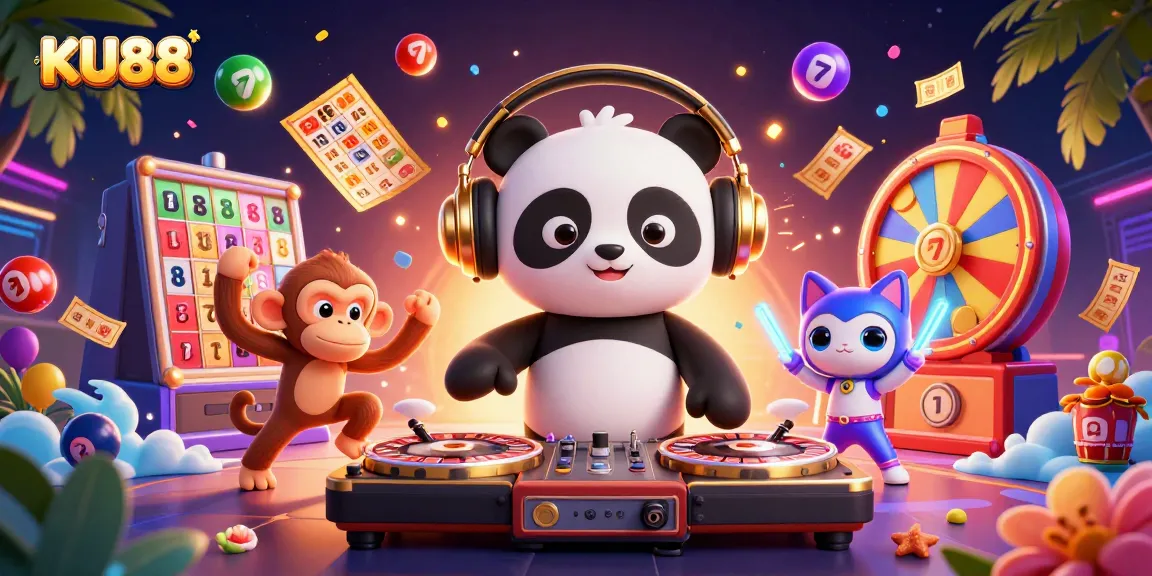 Experience the thrill of KU88 through a vibrant 3D cartoon casino scene filled with lively characters and exciting games.