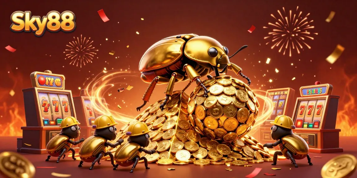 Experience the thrilling slot action with Sky88 through a dynamic 3D illustration featuring golden beetles and casinos.