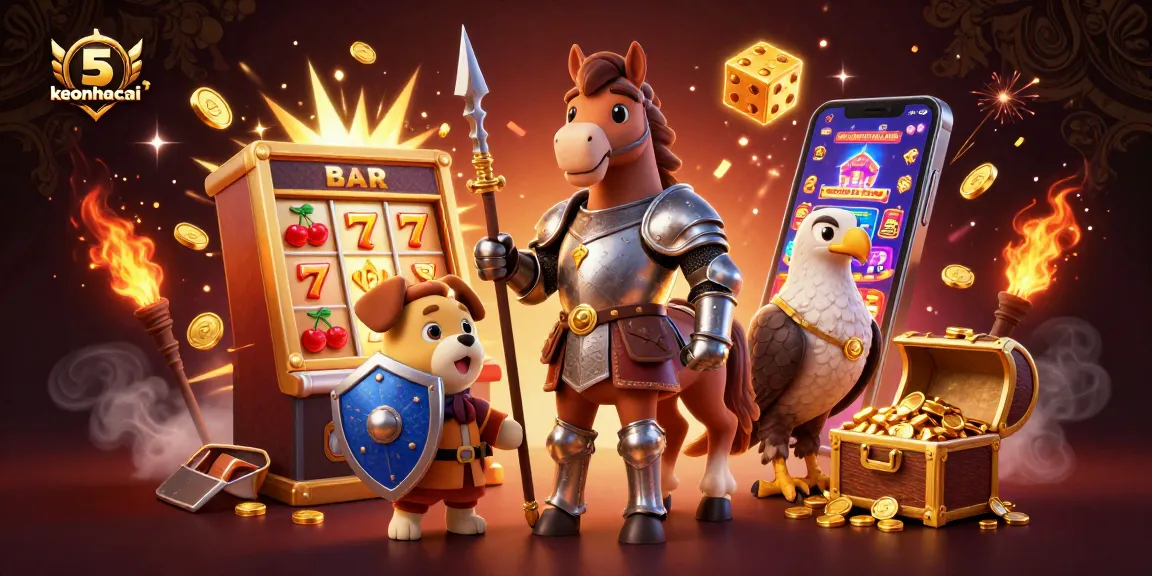 Engage with keonhacai 5 through an immersive 3D casino experience showcasing vibrant slot machine action and dynamic characters.