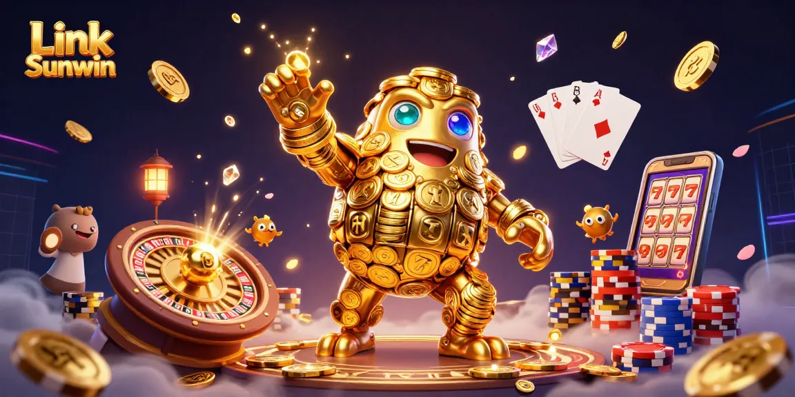 Experience thrilling action at Link Sunwin with a vibrant 3D casino illustration filled with golden elements and games.