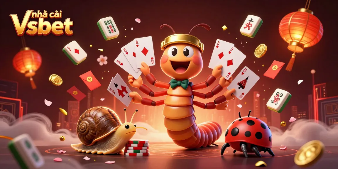 Engaging scene of nhà cái Vsbet featuring a playful millipede dealer and high-roller snail in a vibrant casino.