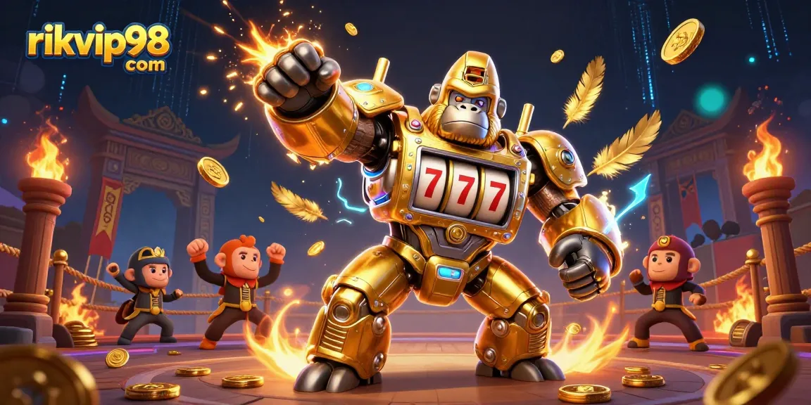 Play exciting games at rikvip98 com with a dynamic 3D casino scene featuring a golden gorilla mech.