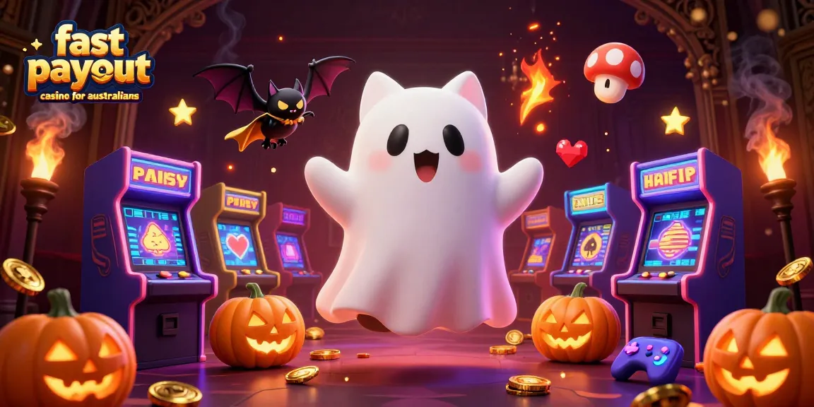 Experience fast payout casino for australians with a ghost cat and vampire bat in a haunted mansion.