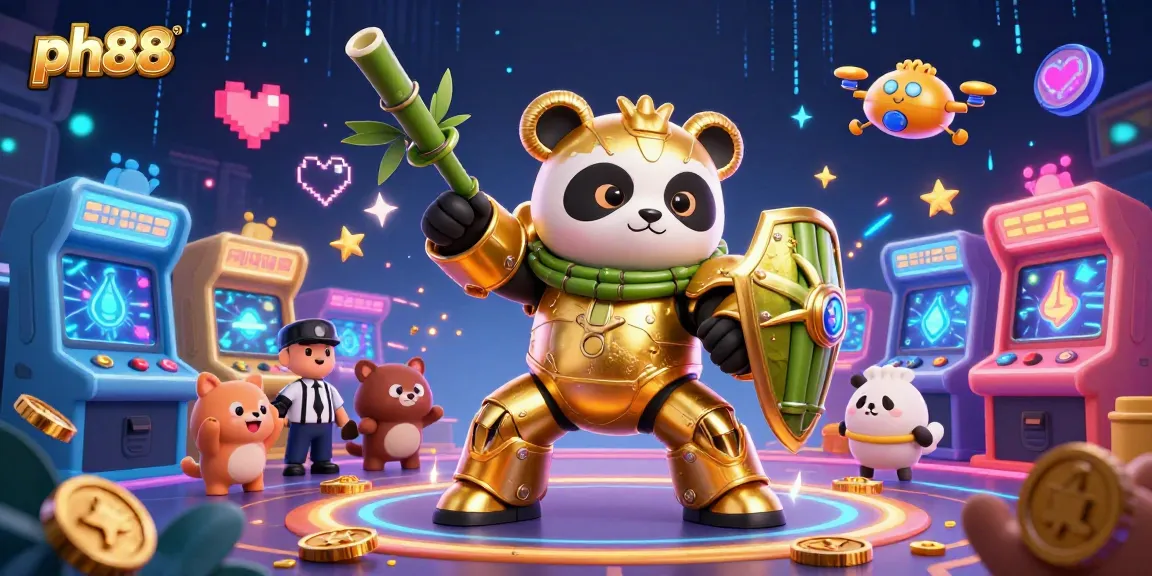 Experience thrilling gameplay at ph88 with a golden panda in a mech-suit surrounded by vibrant gaming elements.
