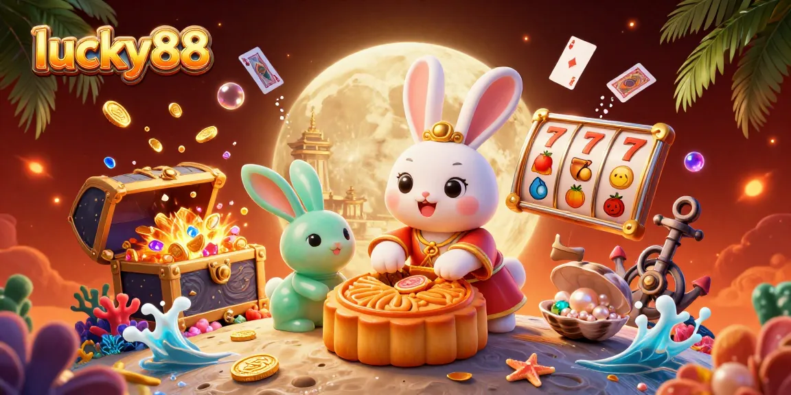 Experience lucky88 action with vibrant poker chips and moon rabbits in a casino-themed 3D illustration.