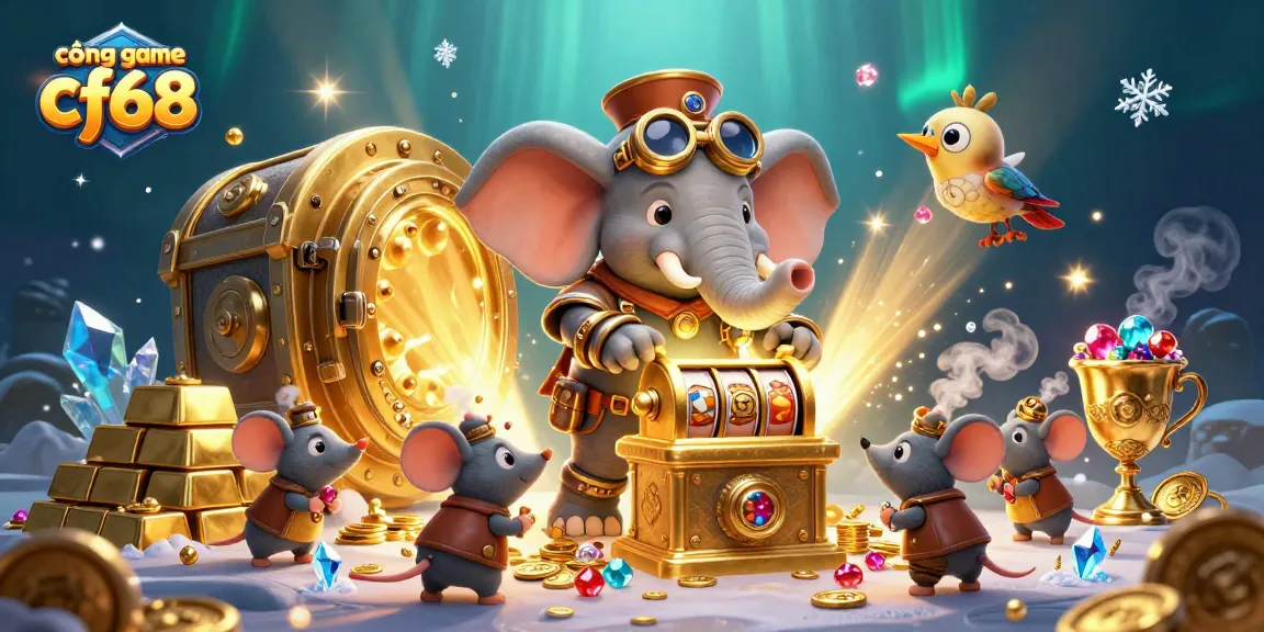 Engage with vibrant treasures at cổng game cf68, featuring a steampunk elephant and golden slot machine.