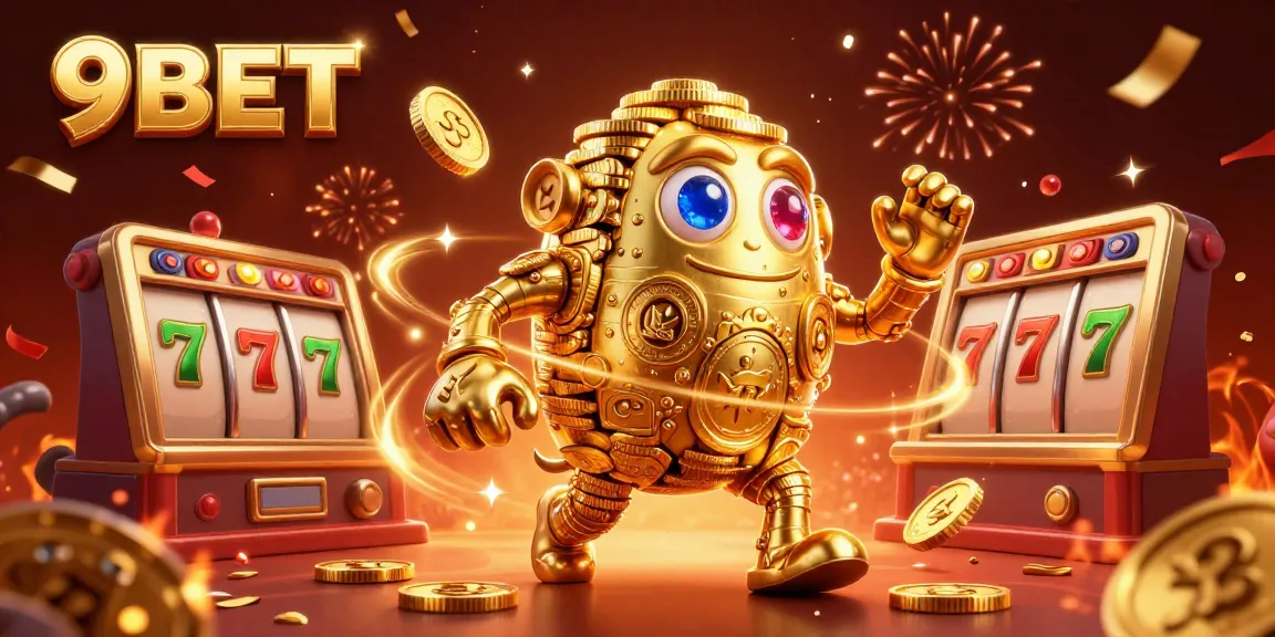 Win big with 9BET's golden golem in this vibrant slot game-themed illustration.