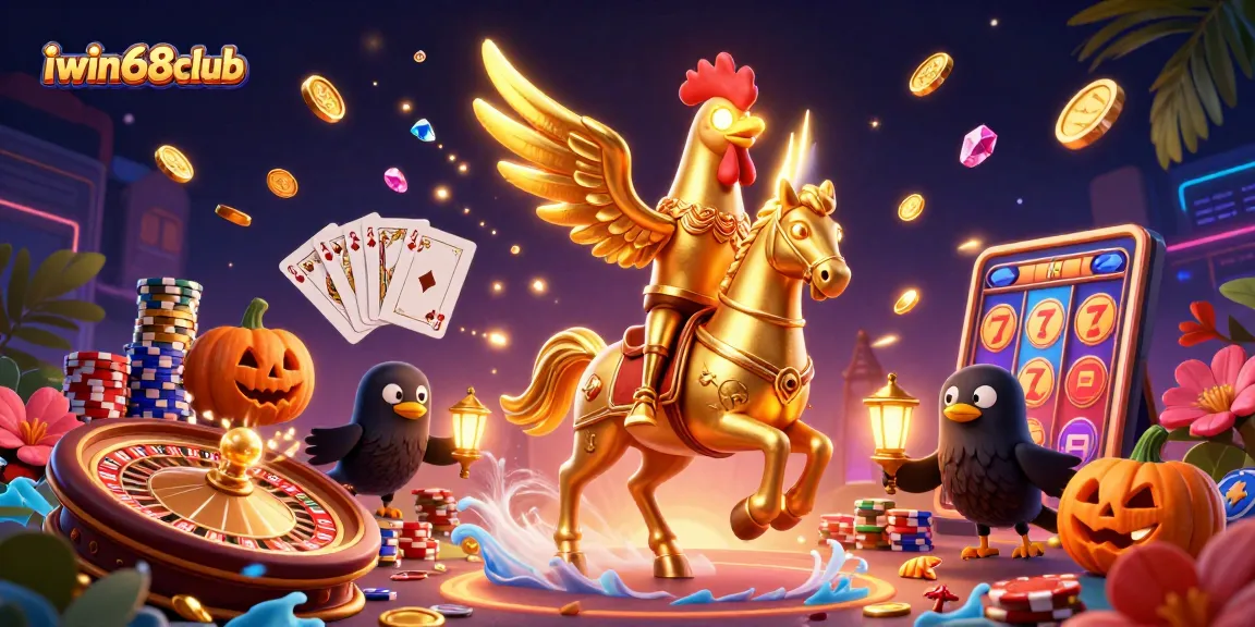 Engage with vibrant gaming action featuring iwin68club’s golden rooster at a lively casino.