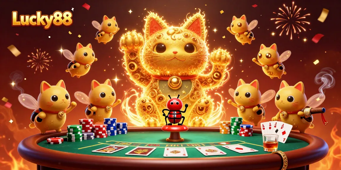Experience the excitement of Lucky88 with captivating golden fireflies and dynamic casino elements.