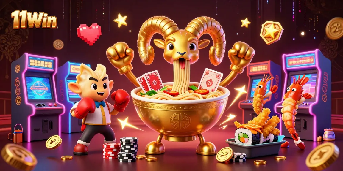 11Win engages players with its vibrant casino-themed 3D illustration of a golden ramen bowl, cards, and vibrant arcade elements.