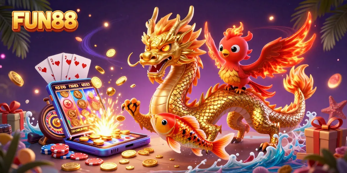 Win big at FUN88, featuring a dragon and phoenix amidst vibrant casino elements and gold coins.