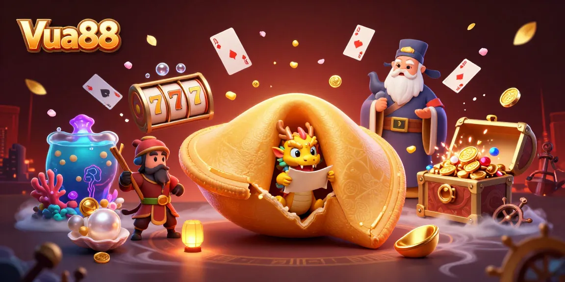 Experience Vua88's dynamic casino world with golden fortune cookie and vibrant gaming elements.