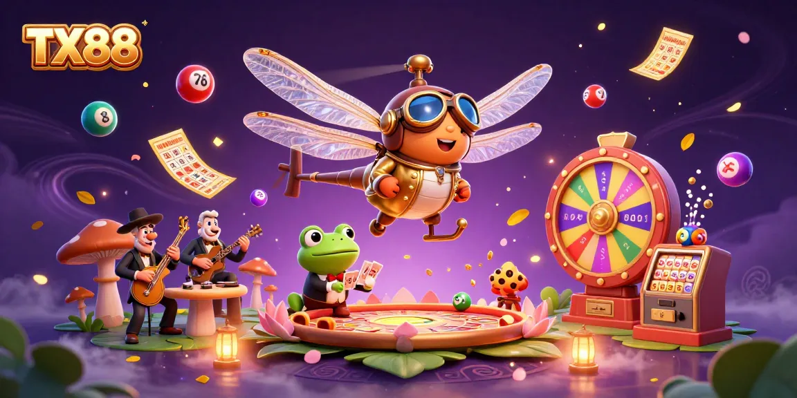 Win big with TX88 at the vibrant lily pad casino, featuring a lively frog croupier and cartoon characters.