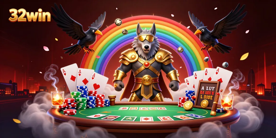 32win showcases a vibrant casino scene with a majestic Norse wolf and ravens against a rainbow of chips.