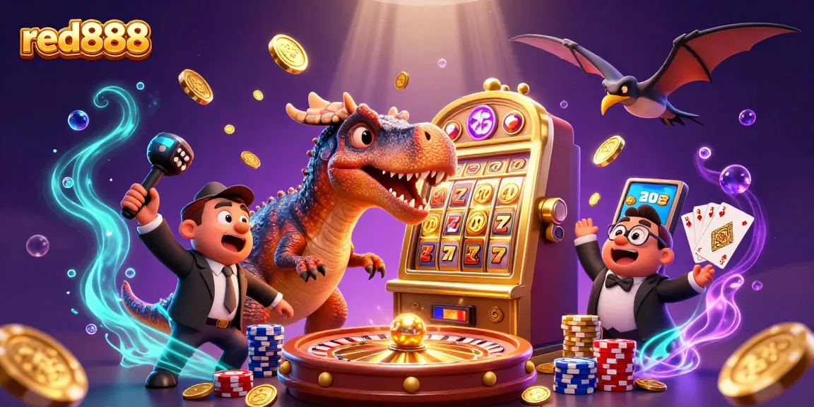 red888 jackpot scene with a dinosaur and casino elements, showcasing excitement in gambling