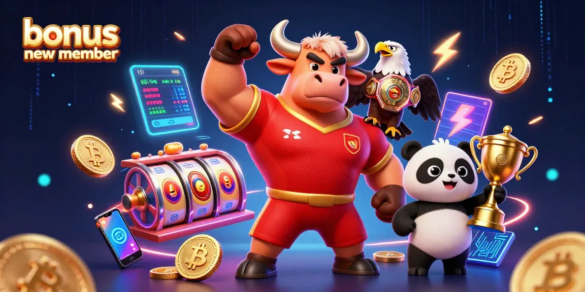 Capture the excitement with a bonus new member promotion illustrated by a cartoon bull and eagle at a vibrant casino.