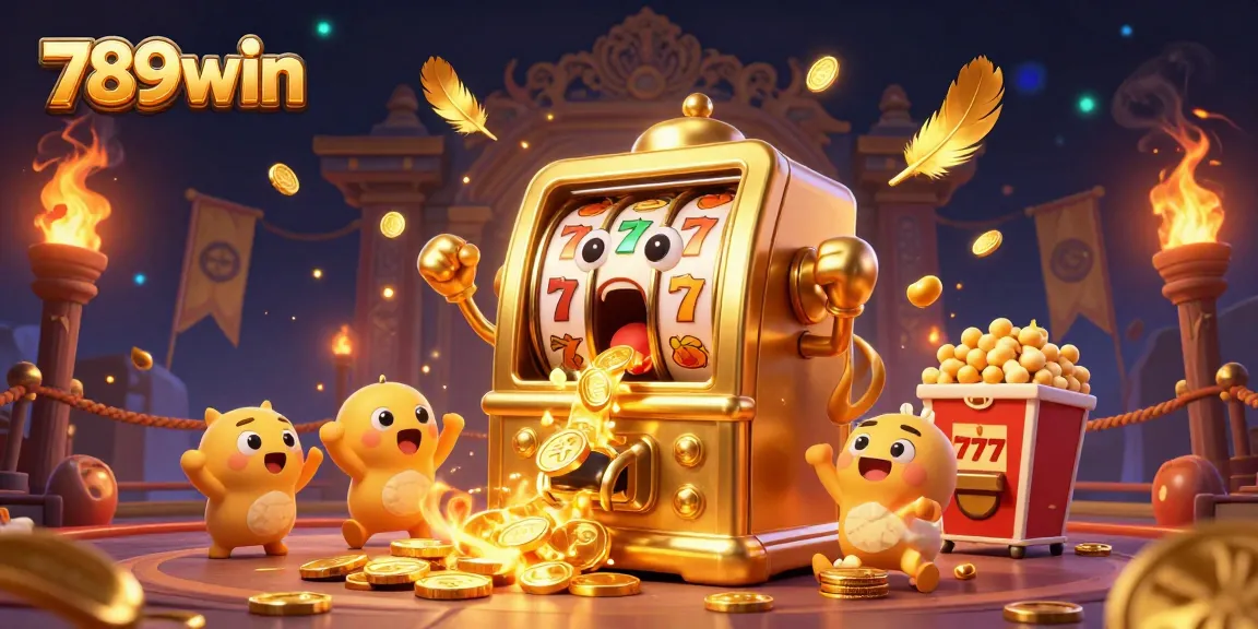 Feel the excitement of winning at 789win with a golden slot machine hitting the jackpot amidst cheering machines.