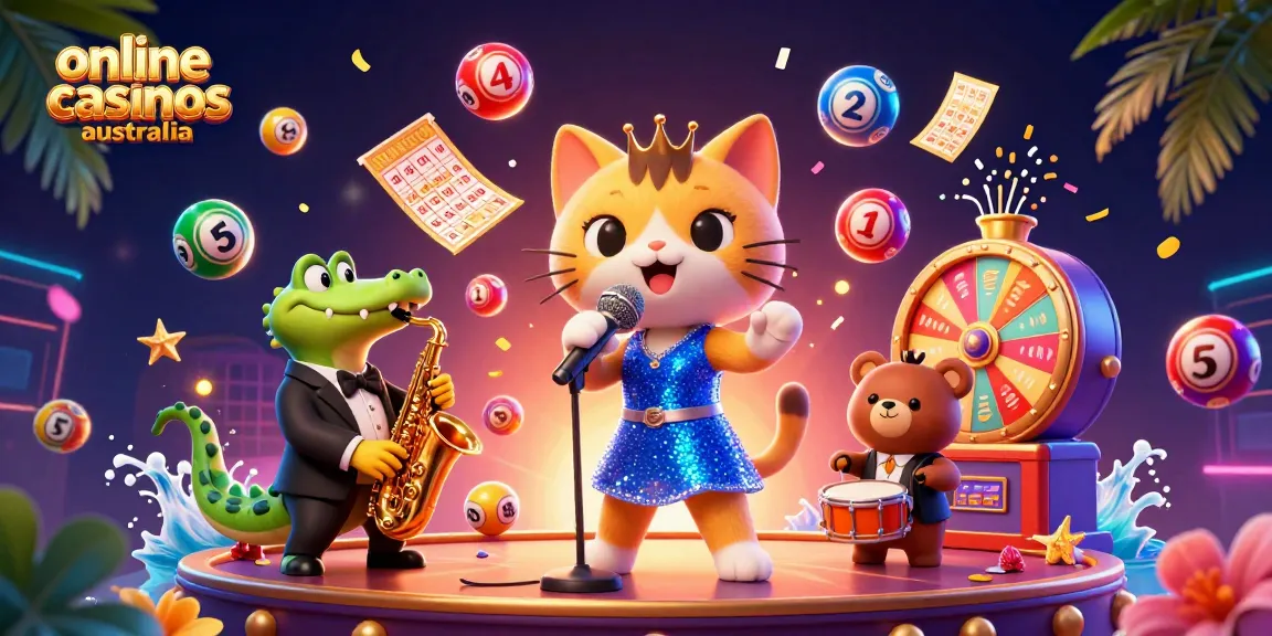 Experience online casinos Australia with a vibrant 3D scene of a jazz-singer cat, saxophone crocodile, and drum bear.