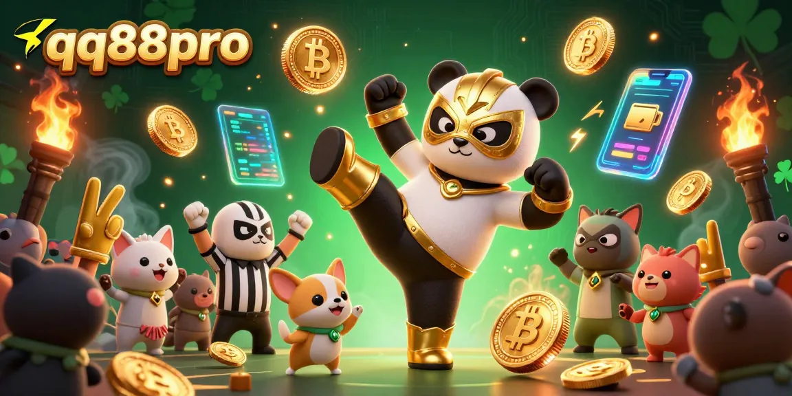 Experience the excitement of qq88pro betting with a thrilling panda wrestler and crypto elements.